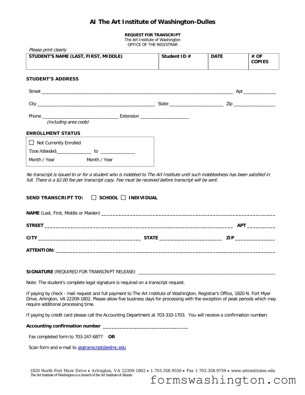 Art Institute Of Washington Transcript Request Form