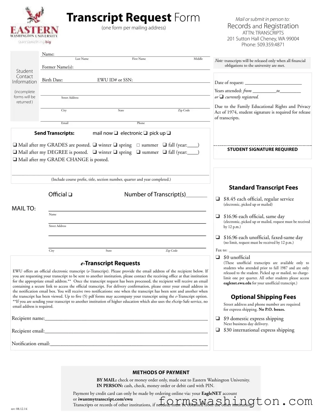 Eastern Washington University Transcript Form