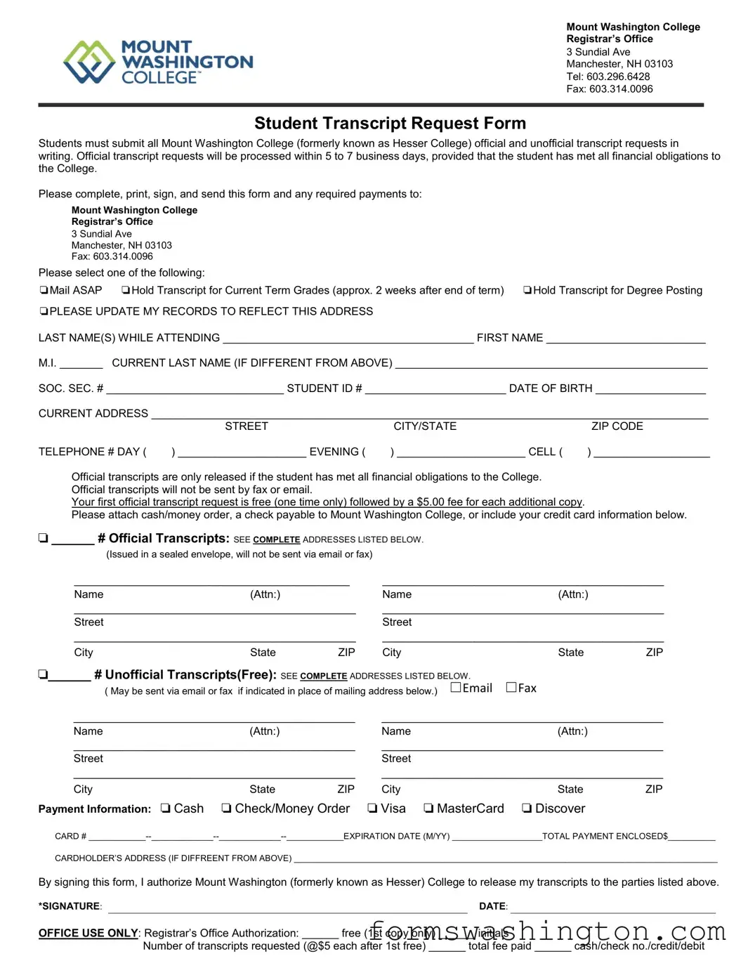 Mount Washington College Transcript Form