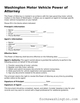 Blank Motor Vehicle Power of Attorney Template for Washington State
