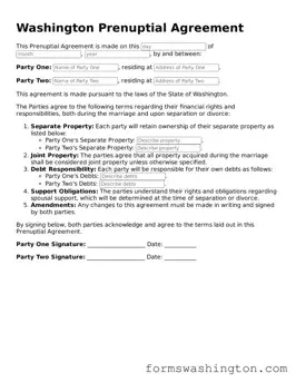 Blank Prenuptial Agreement Template for Washington State