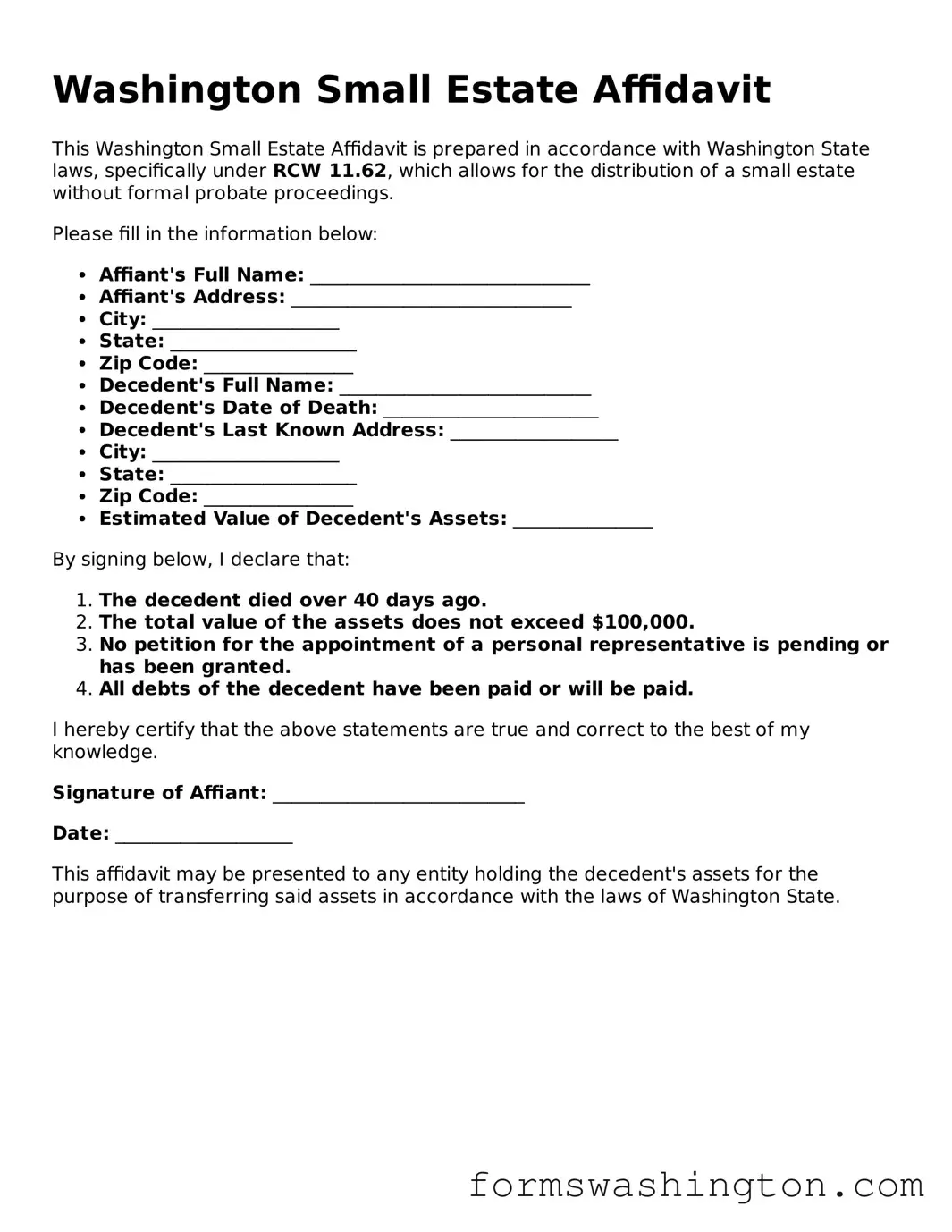Blank Small Estate Affidavit Template for Washington State