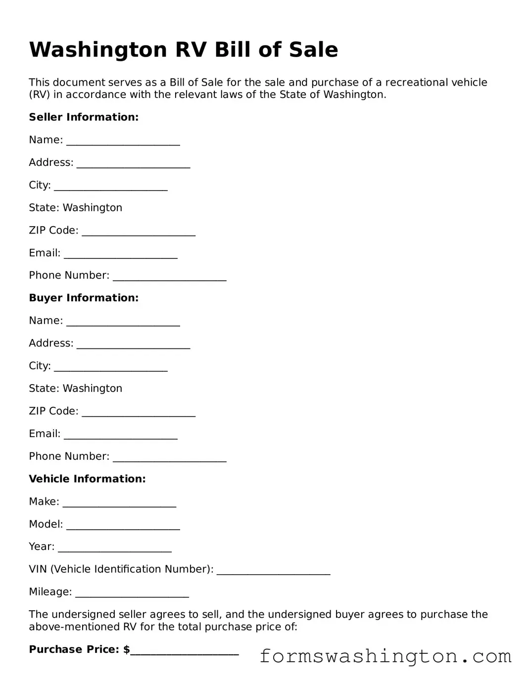 Blank RV Bill of Sale Template for Washington State