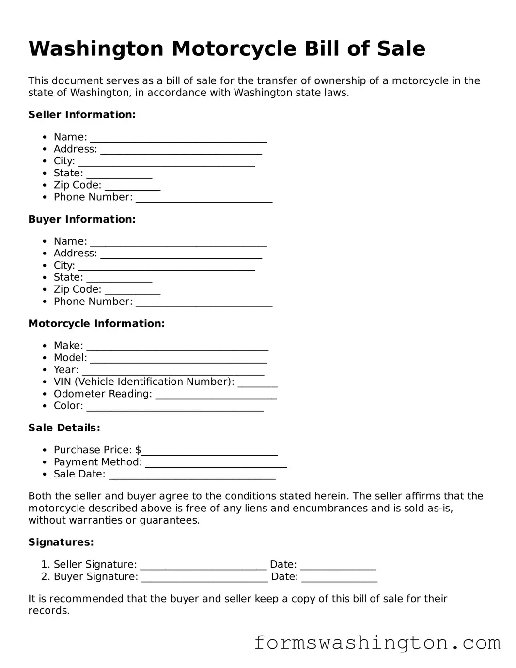 Blank Motorcycle Bill of Sale Template for Washington State