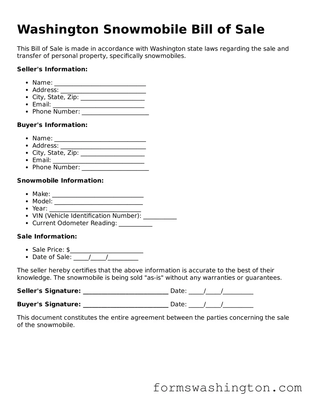 Blank Snowmobile Bill of Sale Template for Washington State