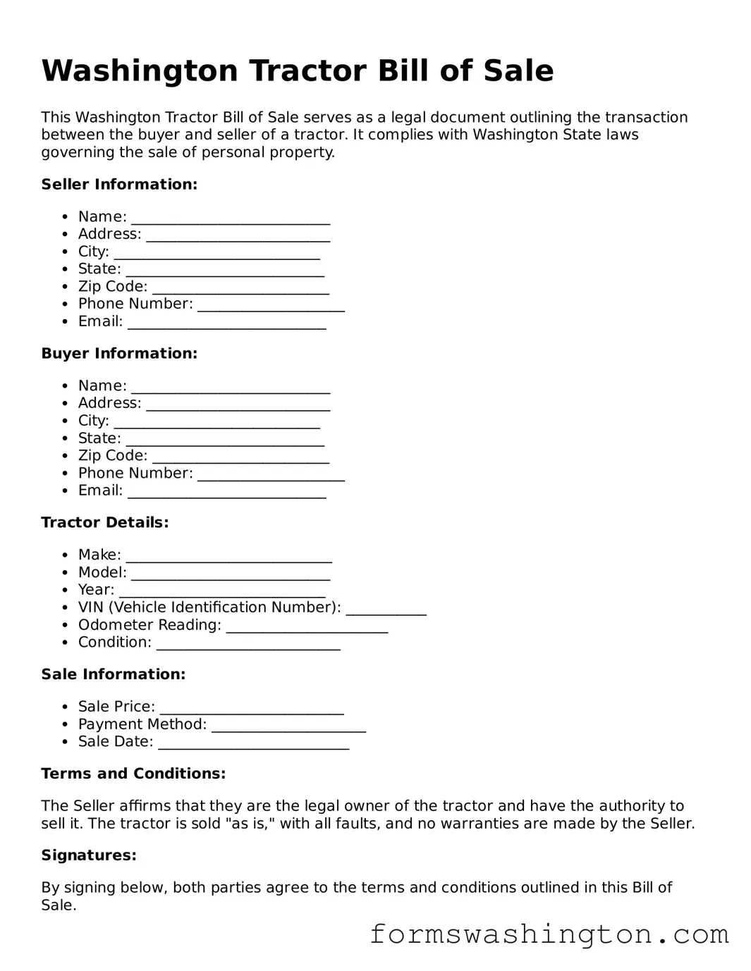 Blank Tractor Bill of Sale Template for Washington State