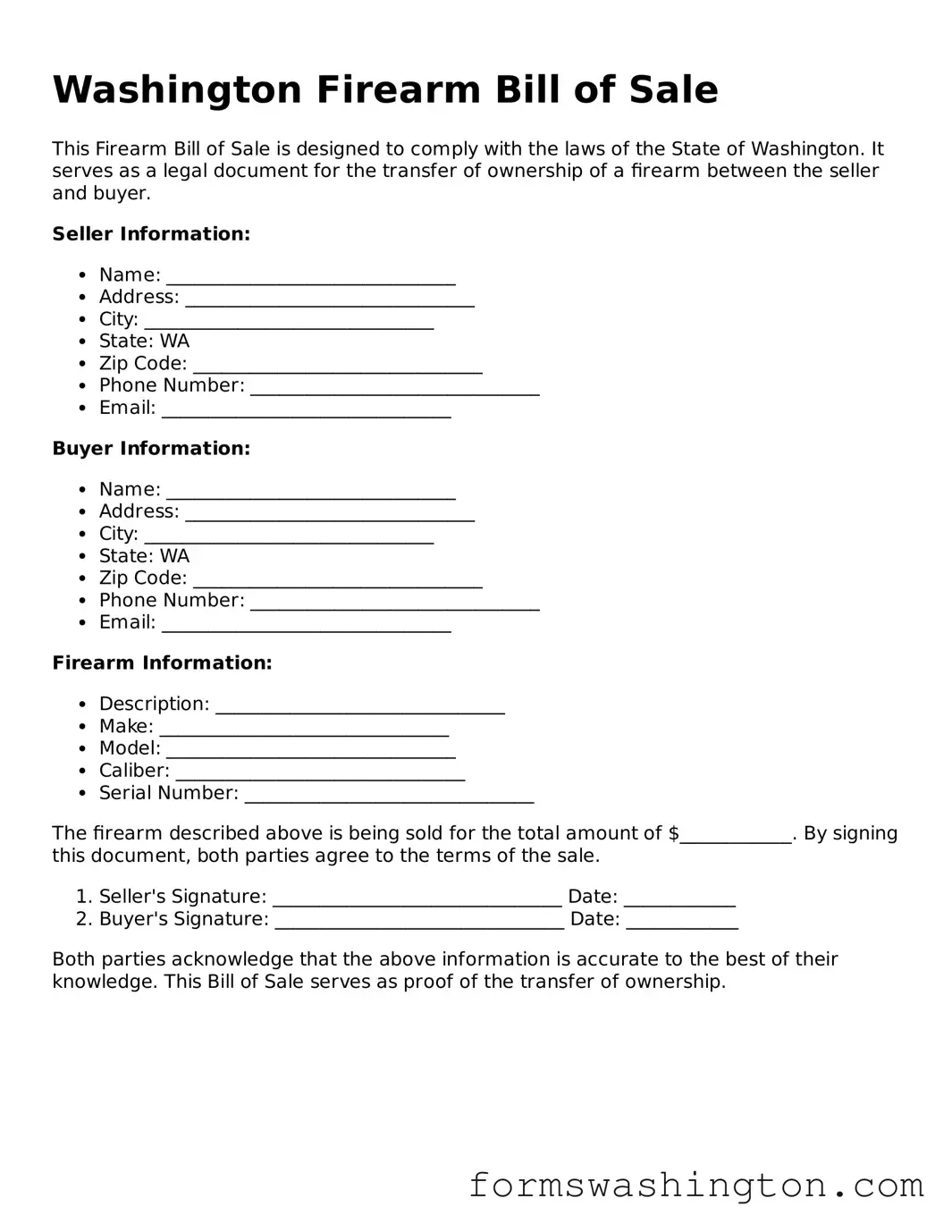 Blank Firearm Bill of Sale Template for Washington State