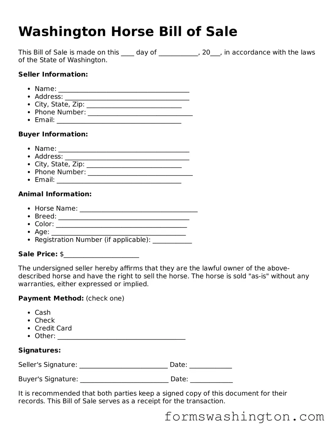 Blank Horse Bill of Sale Template for Washington State