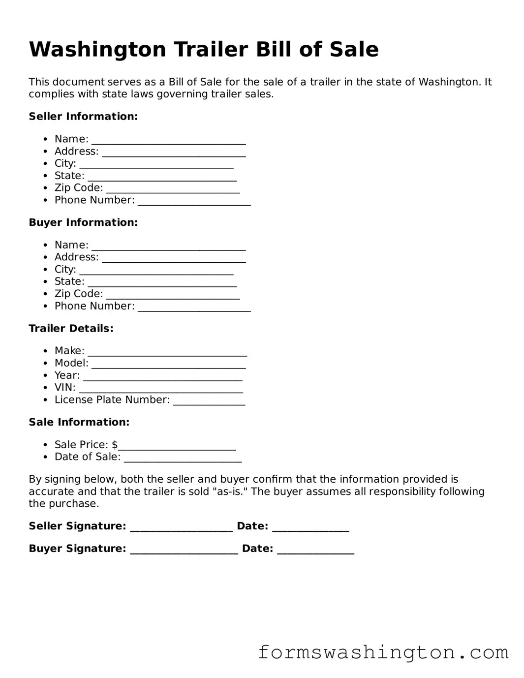 Blank Trailer Bill of Sale Template for Washington State