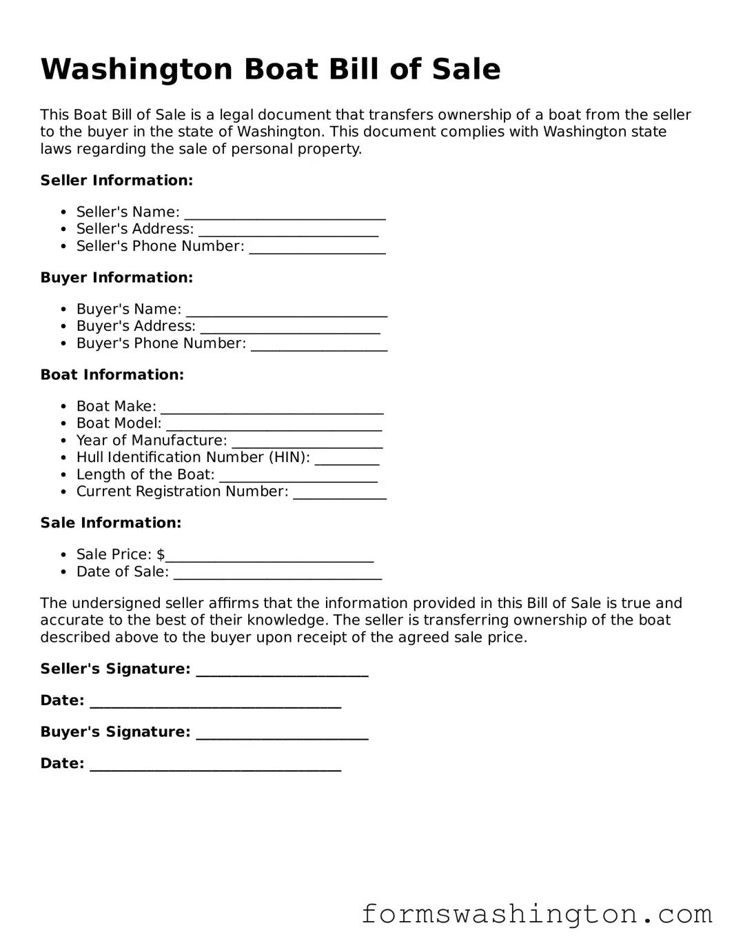 Blank Boat Bill of Sale Template for Washington State