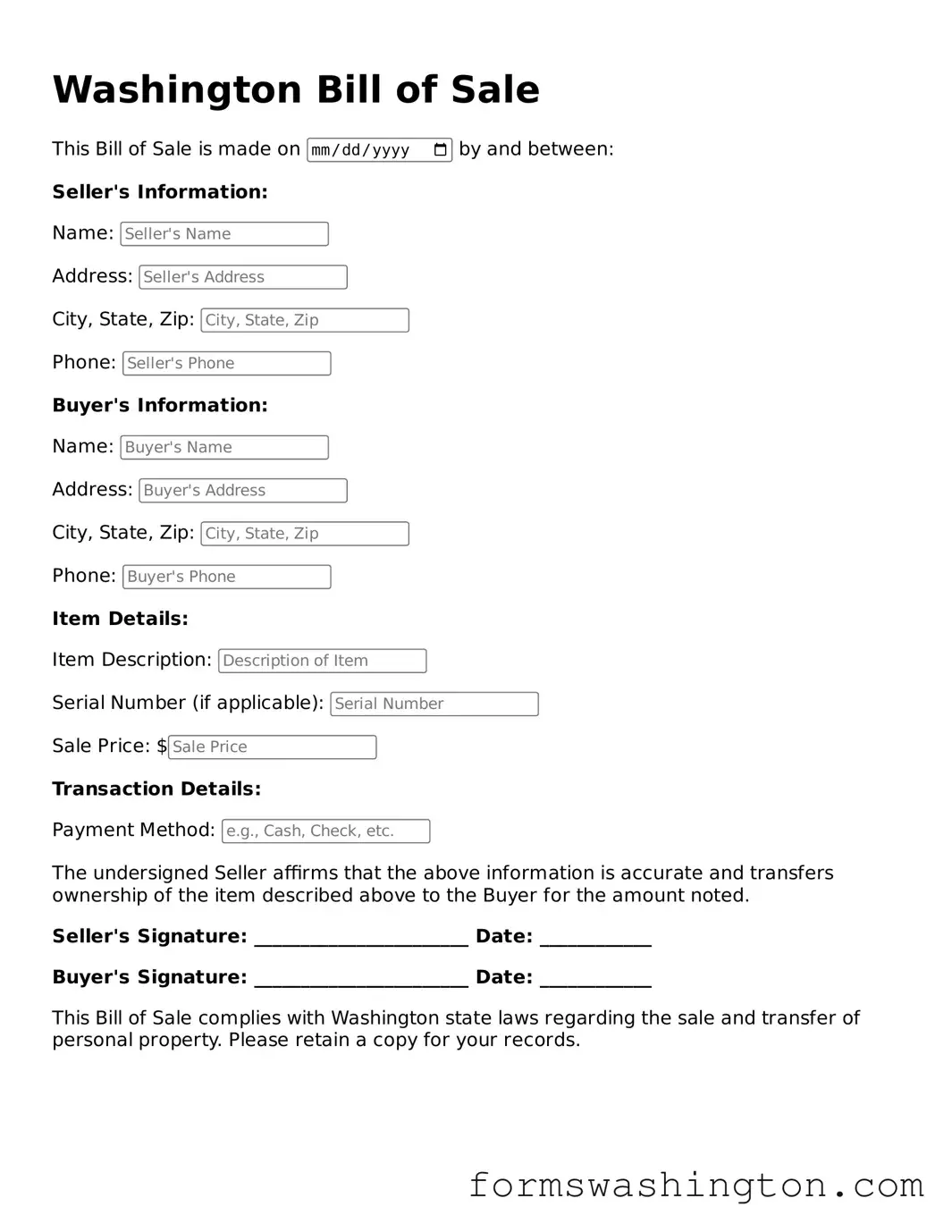 Blank Bill of Sale Template for Washington State