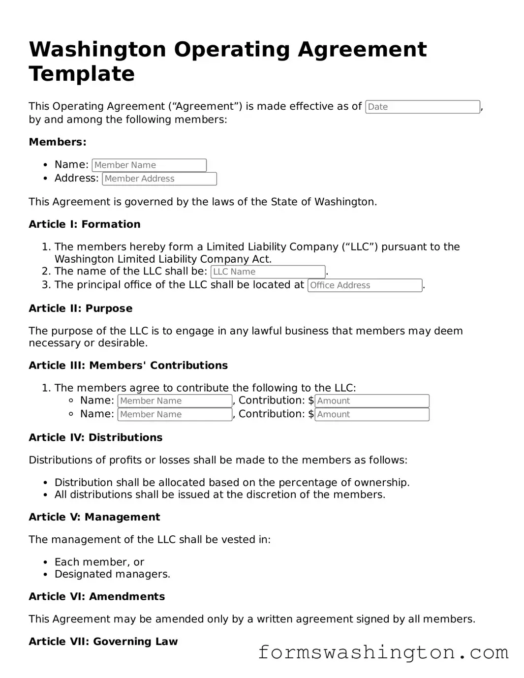 Blank Operating Agreement Template for Washington State