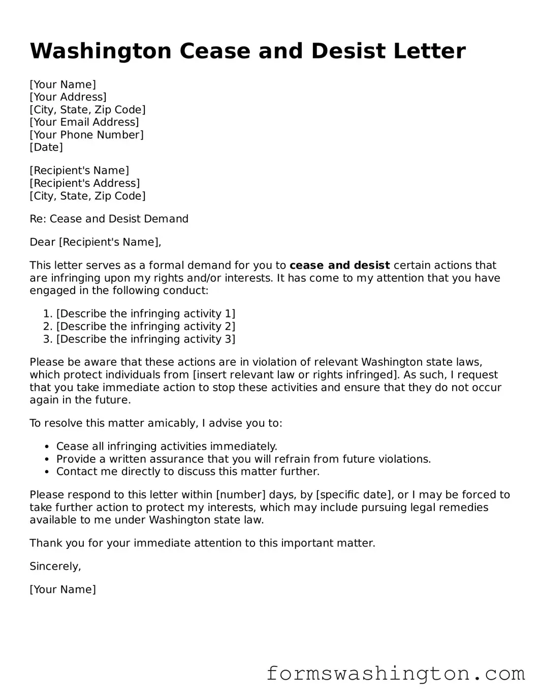Blank Cease and Desist Letter Template for Washington State
