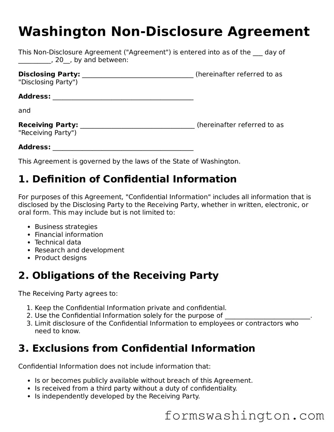 Blank Non-disclosure Agreement Template for Washington State