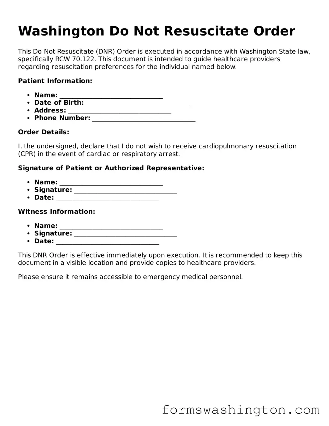 Blank Do Not Resuscitate Order Template for Washington State