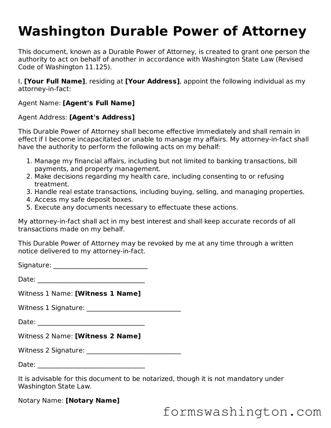 Blank Durable Power of Attorney Template for Washington State