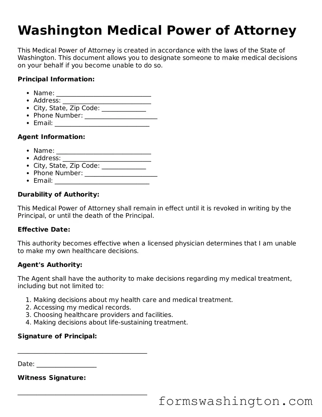 Blank Medical Power of Attorney Template for Washington State