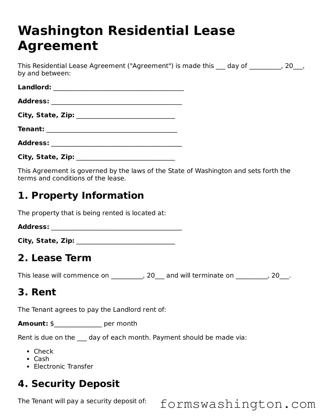 Blank Residential Lease Agreement Template for Washington State