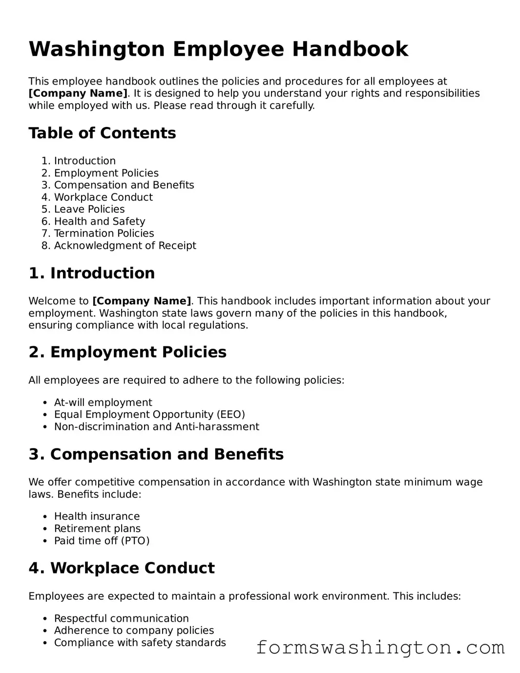 Blank Employee Handbook Template for Washington State
