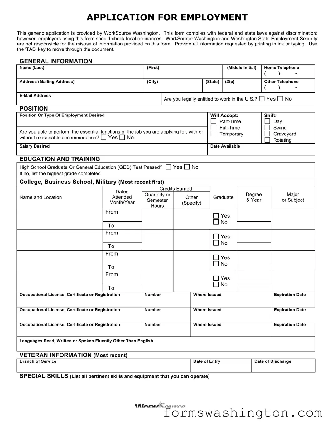 Washington Employment Application Form