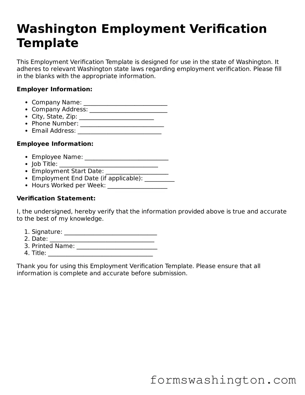 Blank Employment Verification Template for Washington State