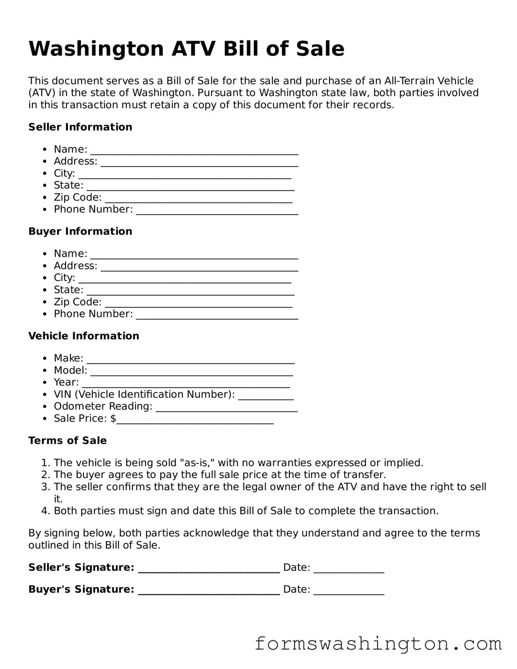 Blank ATV Bill of Sale Template for Washington State