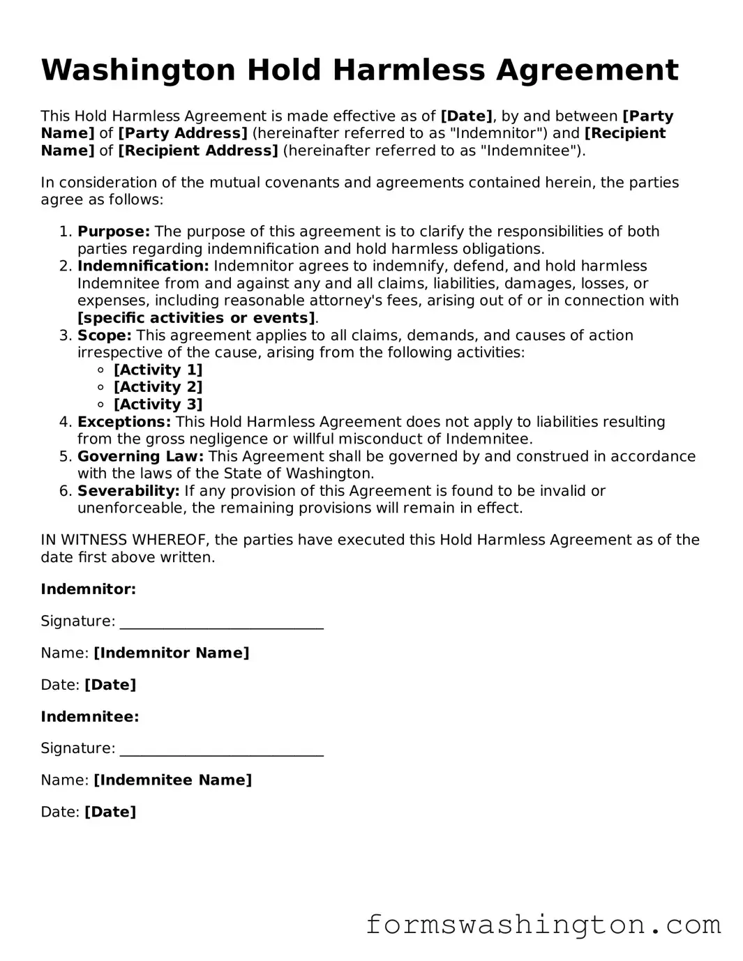Blank Hold Harmless Agreement Template for Washington State