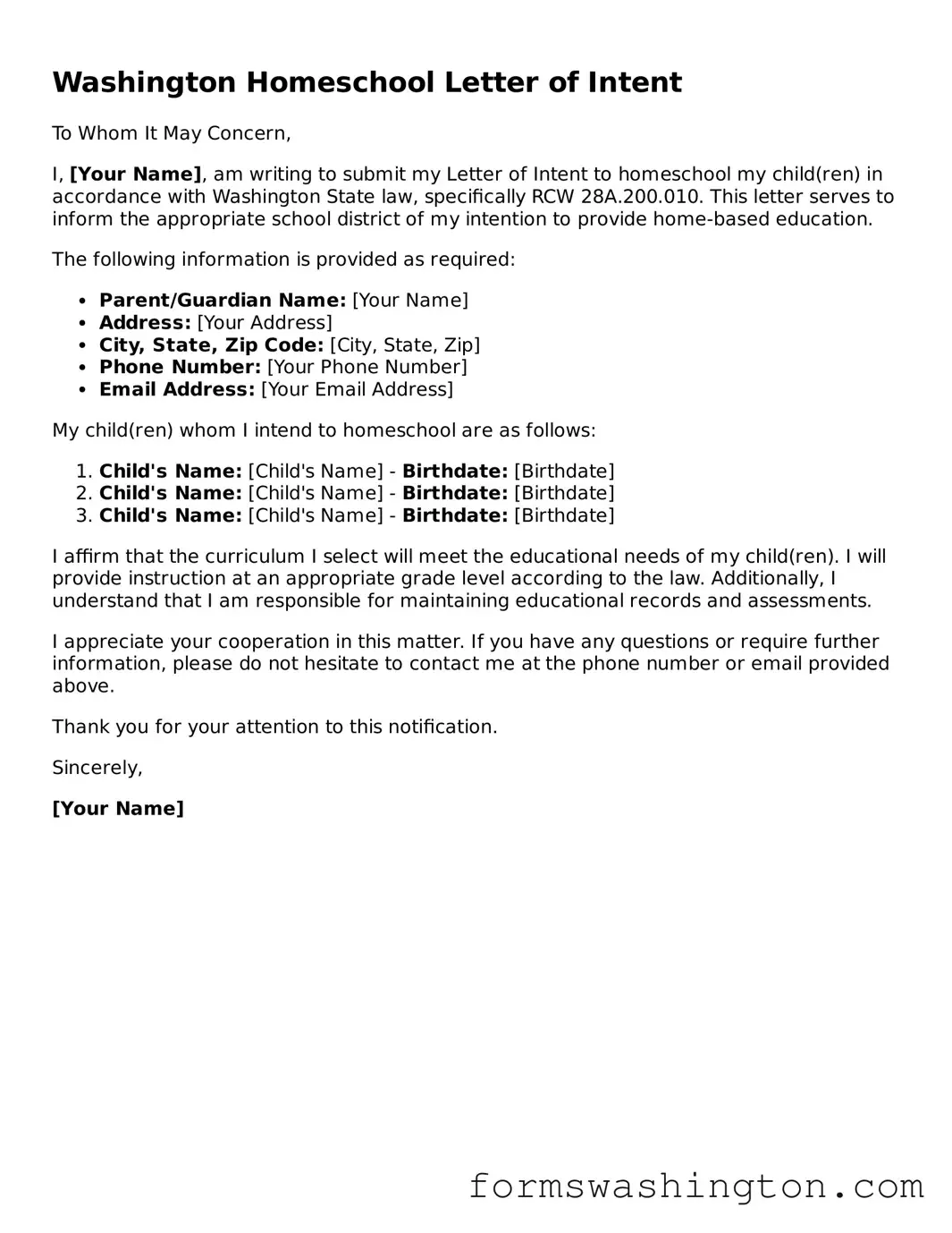 Blank Homeschool Letter of Intent Template for Washington State