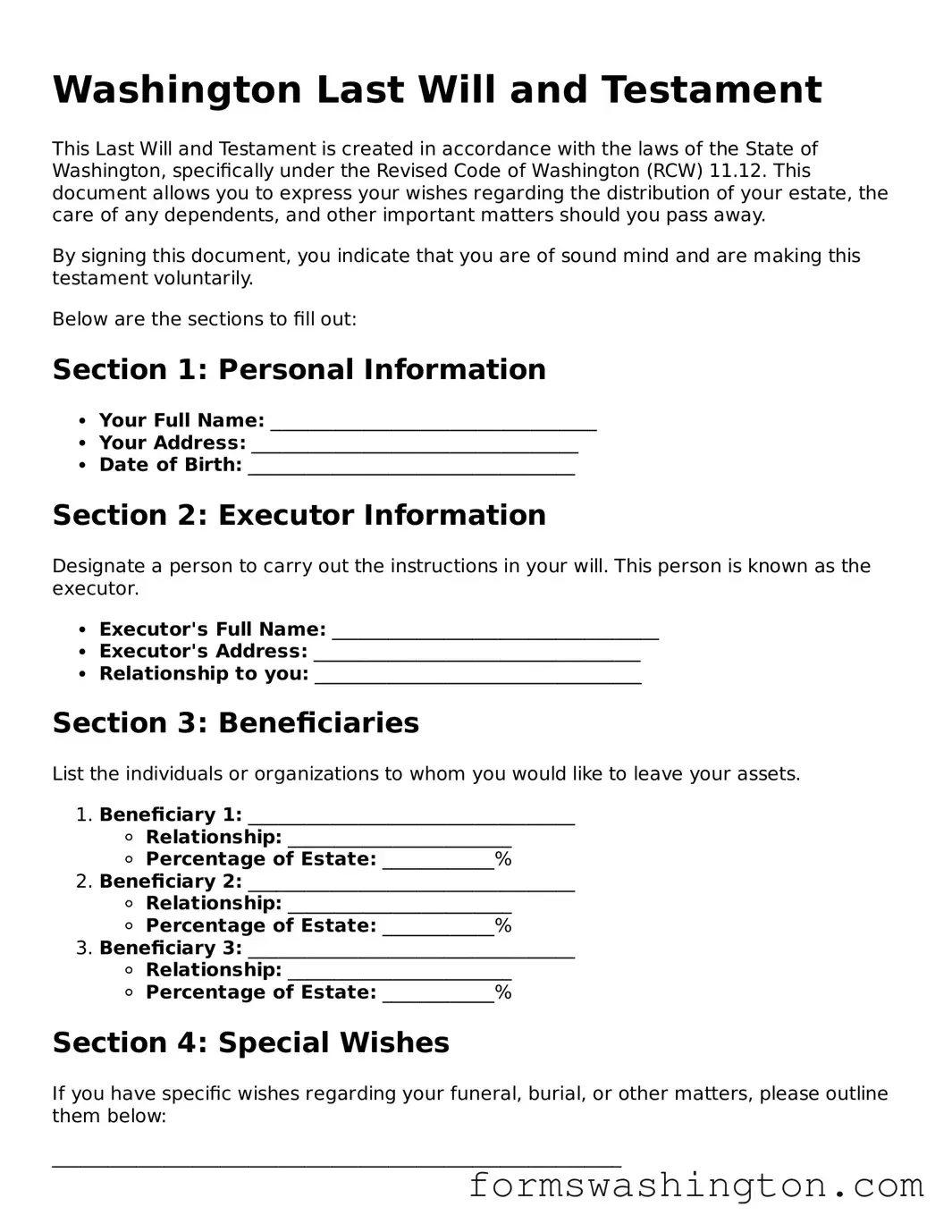 Blank Last Will and Testament Template for Washington State