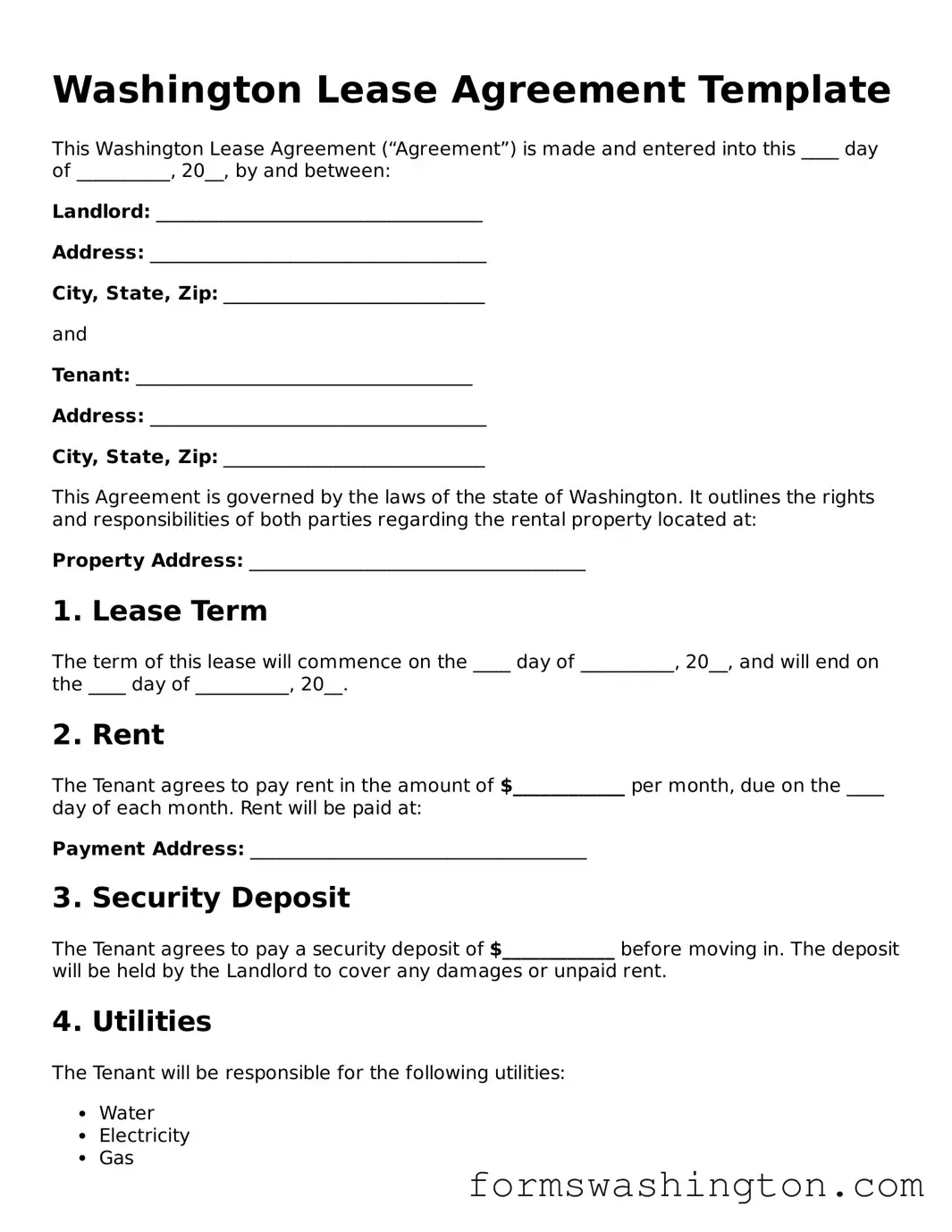 Blank Lease Agreement Template for Washington State