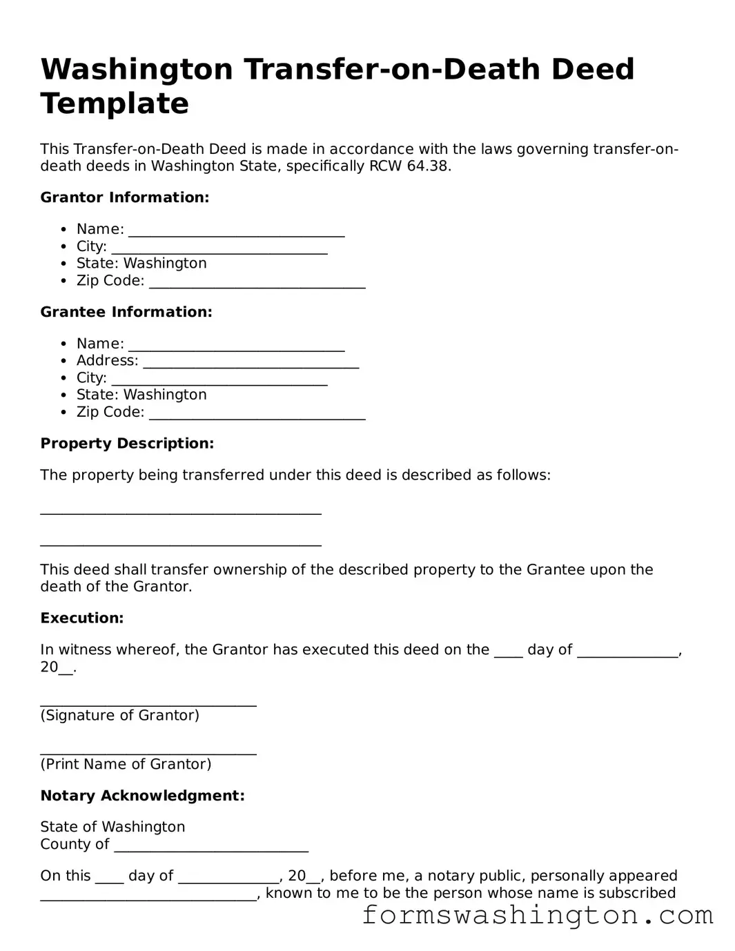 Blank Transfer-on-Death Deed Template for Washington State