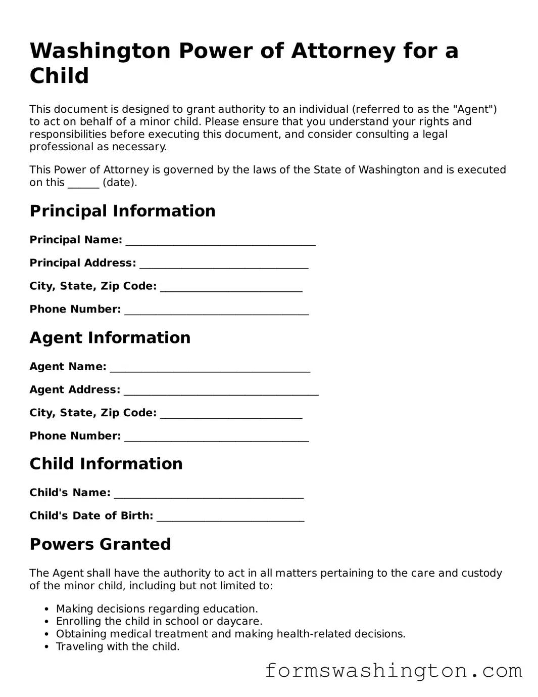 Blank Power of Attorney for a Child Template for Washington State