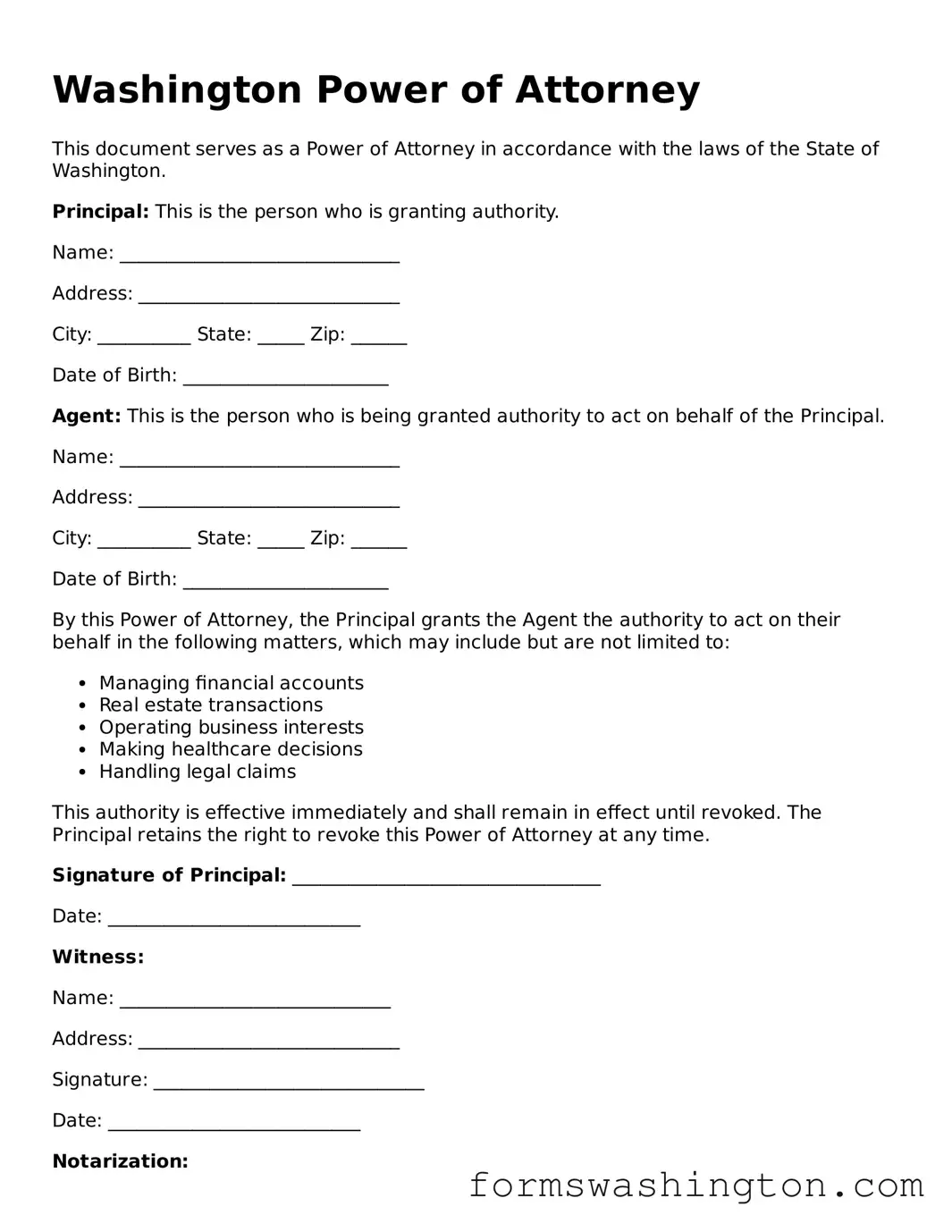 Blank Power of Attorney Template for Washington State
