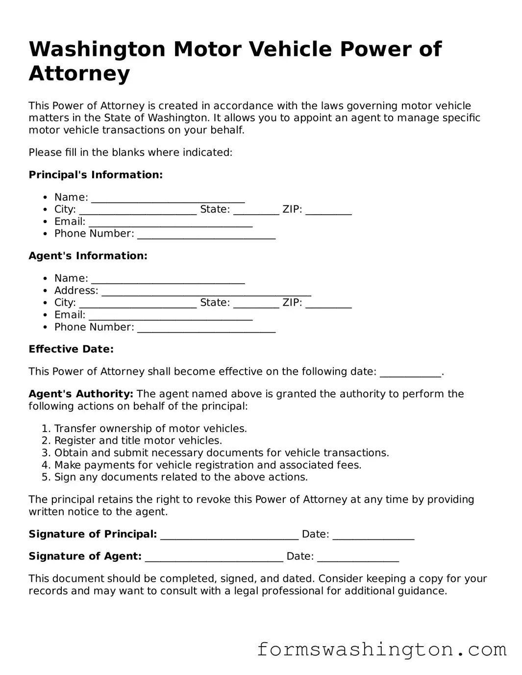 Blank Motor Vehicle Power of Attorney Template for Washington State