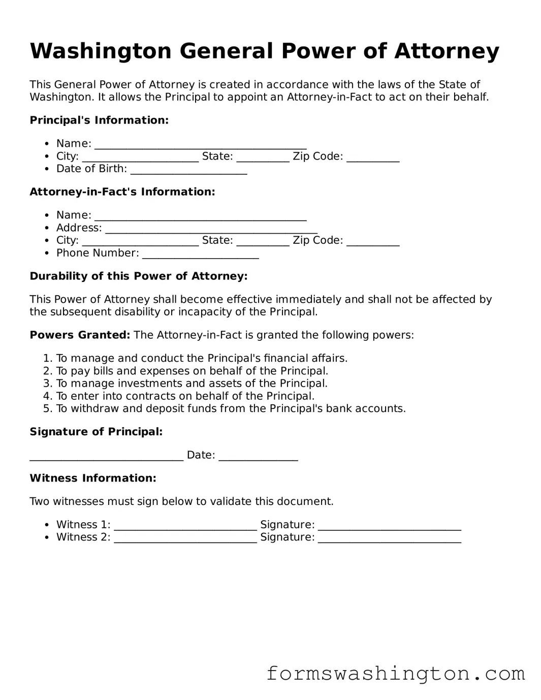 Blank General Power of Attorney Template for Washington State