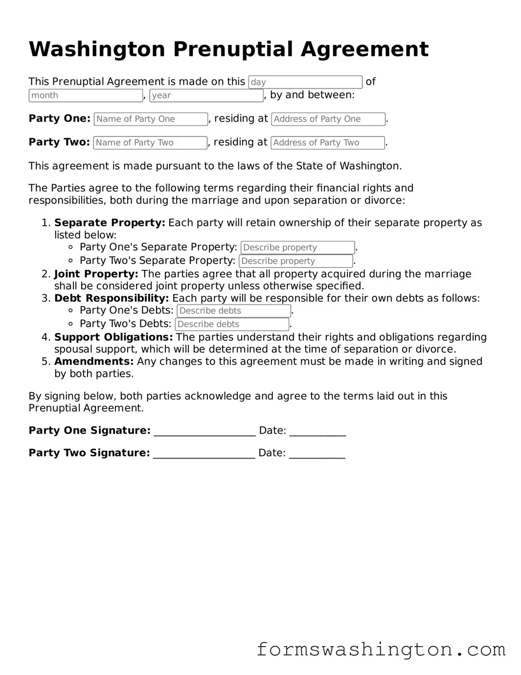 Blank Prenuptial Agreement Template for Washington State