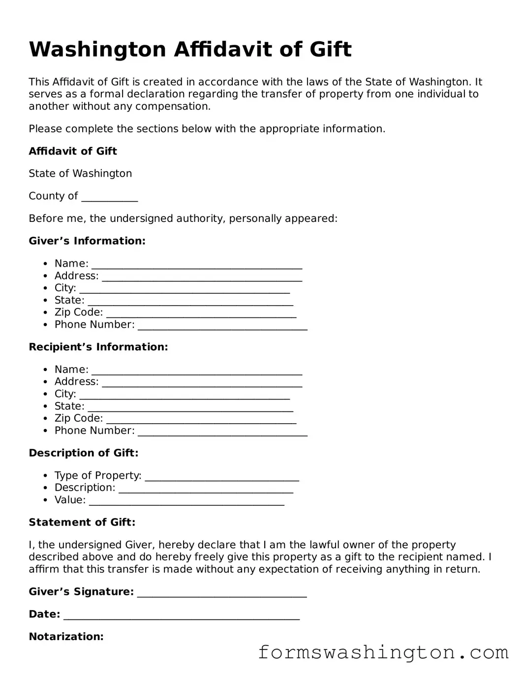Blank Affidavit of Gift Template for Washington State