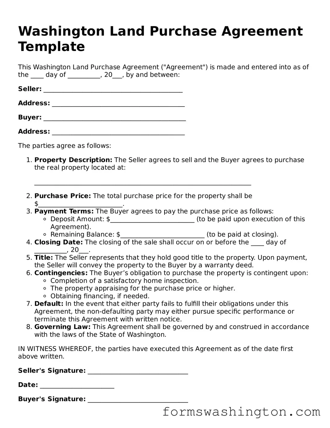 Blank Land Purchase Agreement Template for Washington State