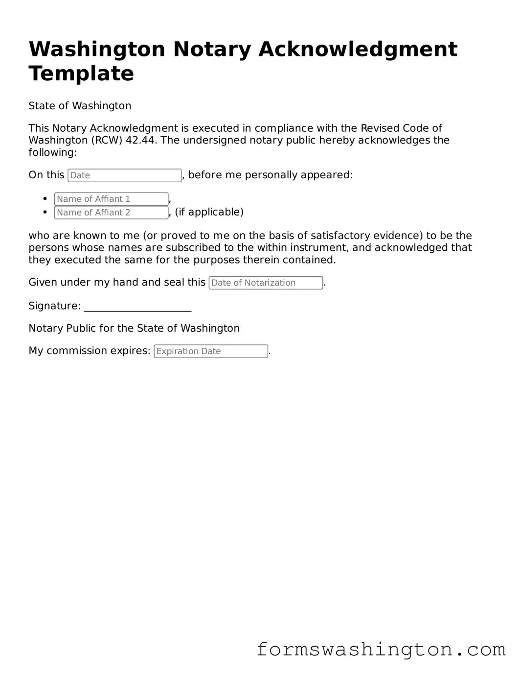 Blank Notary Acknowledgement Template for Washington State