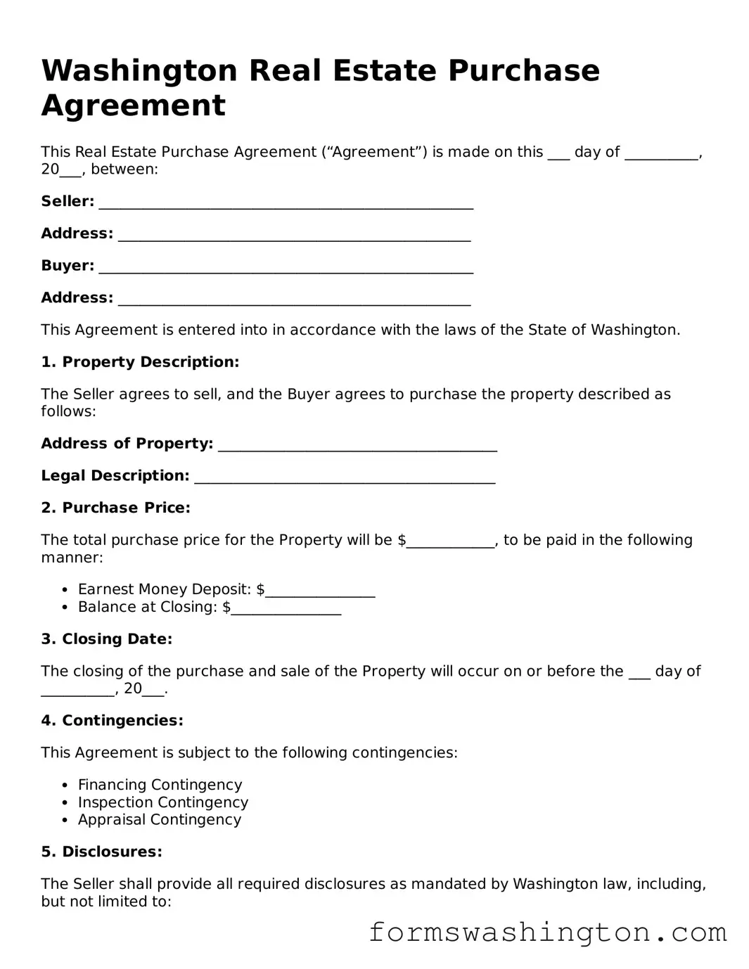 Blank Real Estate Purchase Agreement Template for Washington State
