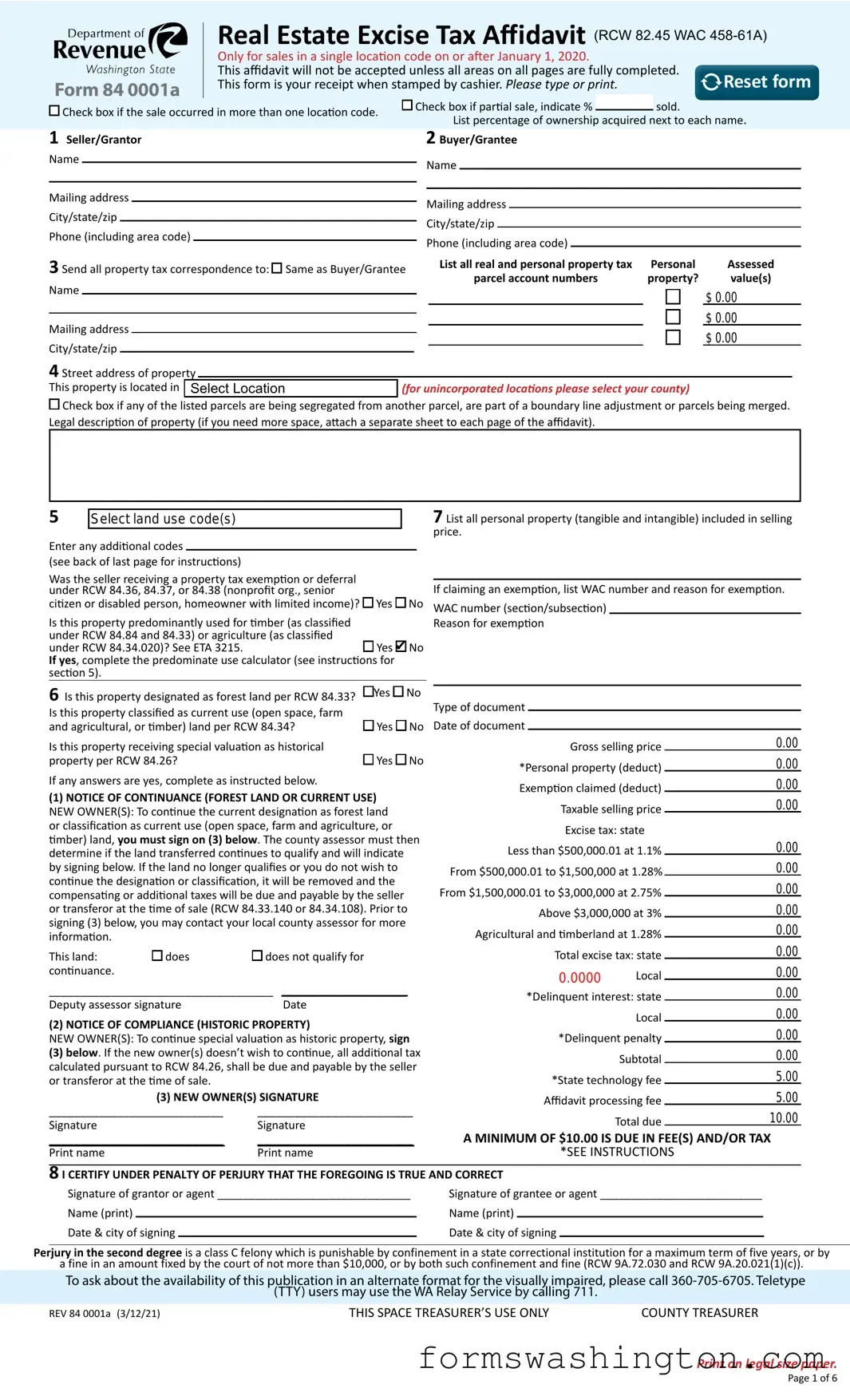 Washington Real Estate Excise Tax Affidavit Form