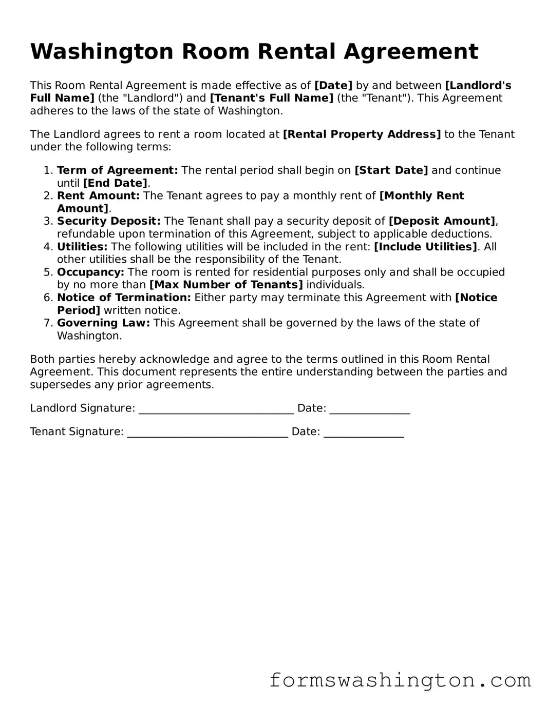Blank Room Rental Agreement Template for Washington State