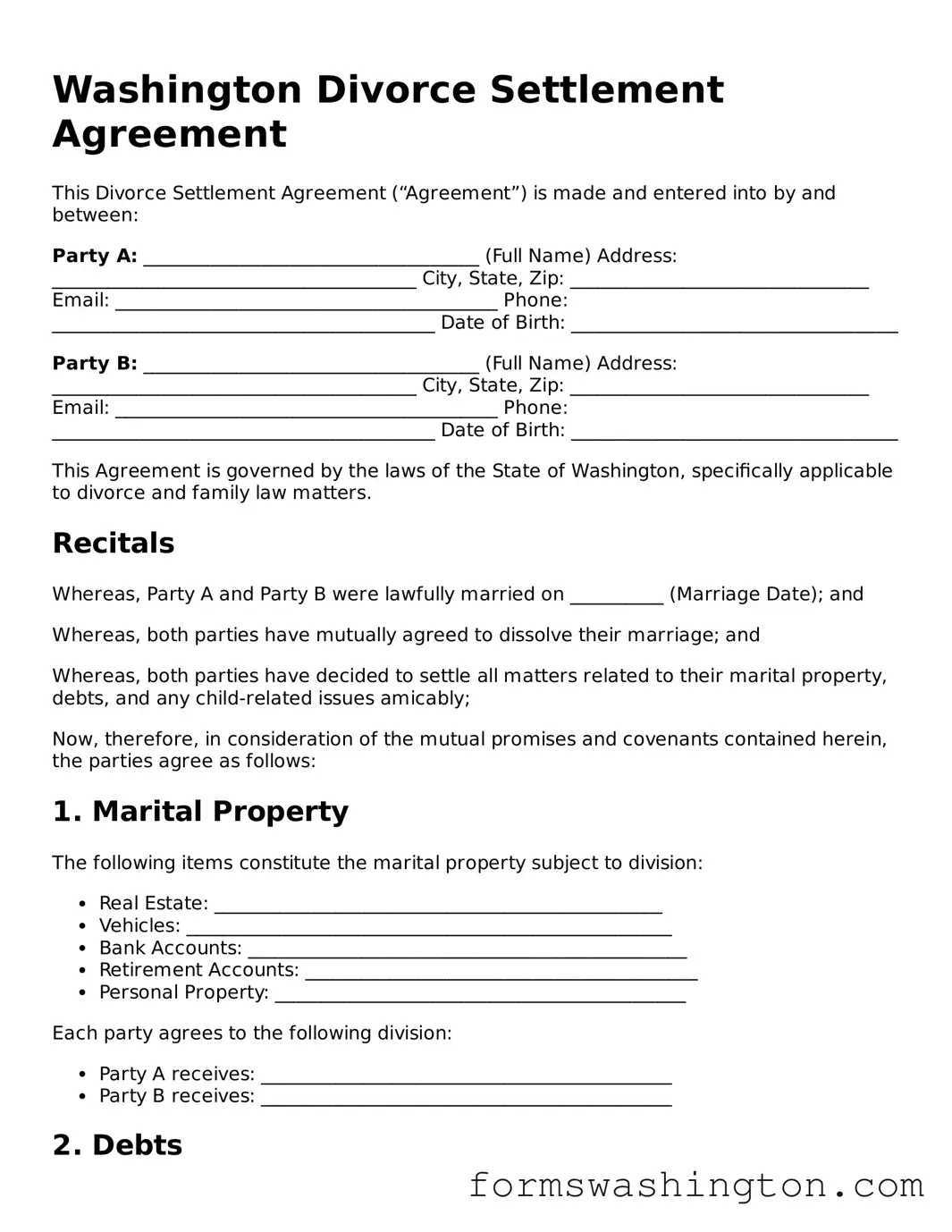 Blank Divorce Settlement Agreement Template for Washington State